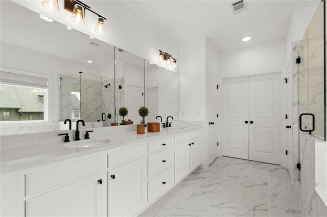635 Opera Ln, Alpharetta, GA 30009 - bathroom with marble look tile flooring, double vanity, a marble finish shower, and recessed lighting
