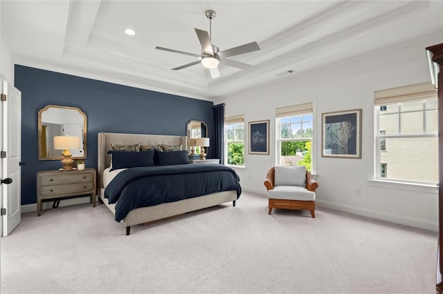 635 Opera Ln, Alpharetta, GA 30009 - carpeted bedroom with a tray ceiling, ornamental molding, ceiling fan, and recessed lighting