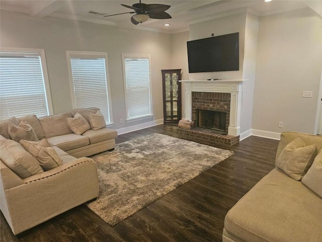 124 Archstone Sq, Mcdonough, GA 30253 - living room featuring ceiling fan, baseboards, recessed lighting, dark wood finished floors, and ornamental molding