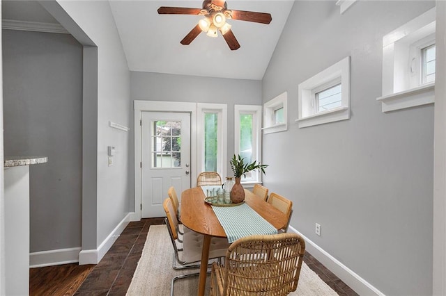 628 Home Ave SE, Atlanta, GA 30312 - dining room with plenty of natural light, a ceiling fan, baseboards, and lofted ceiling