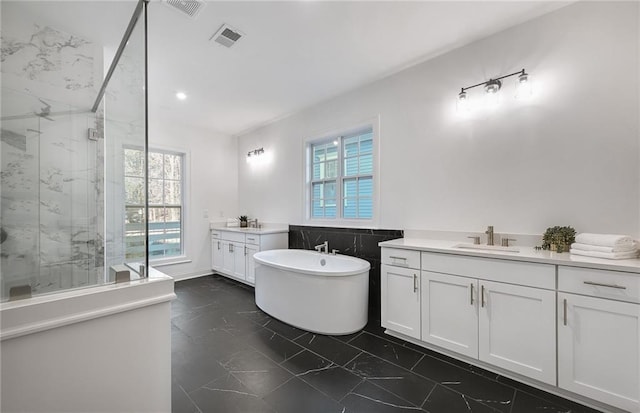 bathroom featuring a wealth of natural light, vanity, and shower with separate bathtub