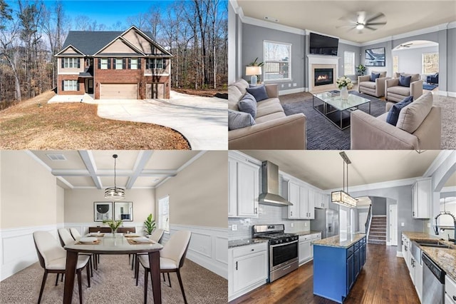 kitchen with arched walkways, stainless steel appliances, wall chimney exhaust hood, and white cabinetry