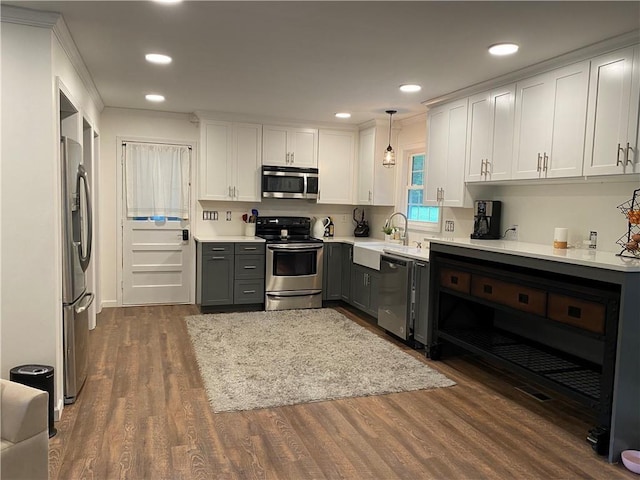 kitchen featuring dark wood finished floors, stainless steel appliances, light countertops, gray cabinetry, and a sink