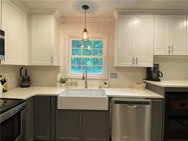 kitchen featuring a sink, white cabinetry, black electric range, light countertops, and dishwasher