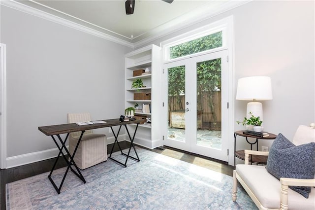 office area with french doors, ceiling fan, built in features, ornamental molding, and wood-type flooring