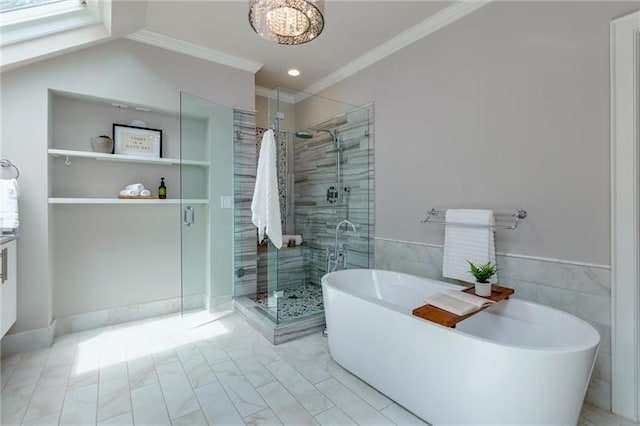 bathroom with plus walk in shower, tile walls, and ornamental molding