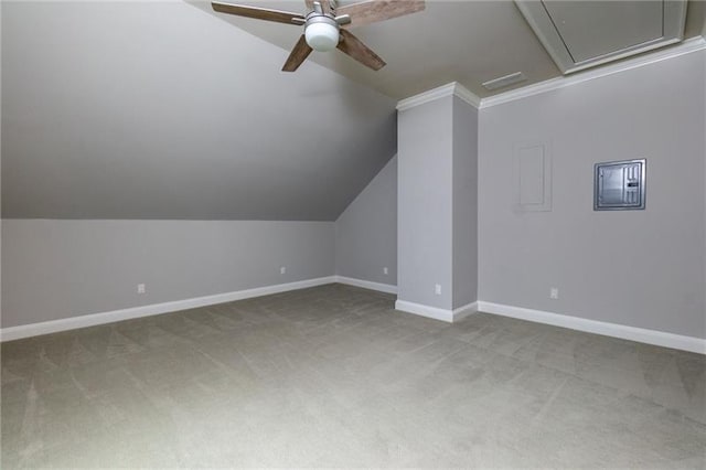 bonus room featuring ceiling fan, carpet floors, and vaulted ceiling