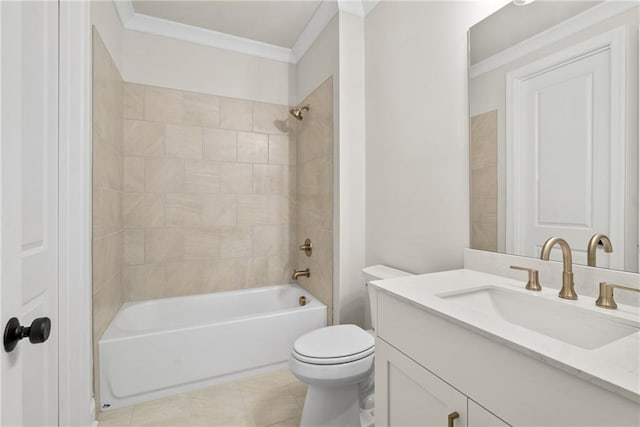 full bathroom with tile patterned floors, ornamental molding, vanity, toilet, and tiled shower / bath