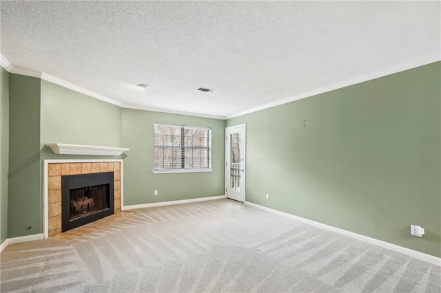 511 Barrington Hills Dr, Atlanta, GA 30350 - unfurnished living room with ornamental molding, a fireplace, baseboards, carpet floors, and a textured ceiling