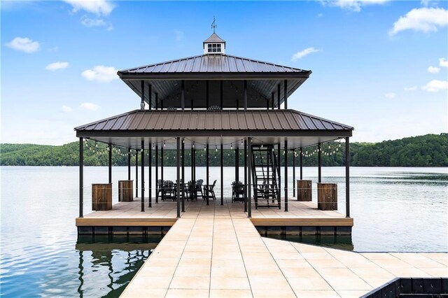 dock area featuring a wooded view and a water view
