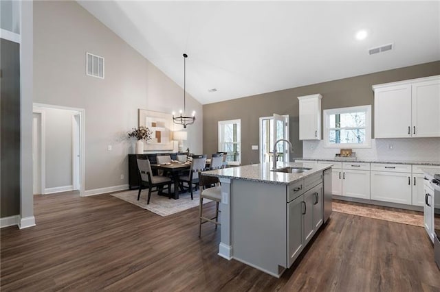 kitchen featuring a sink, visible vents, dark wood-style floors, and a kitchen island with sink