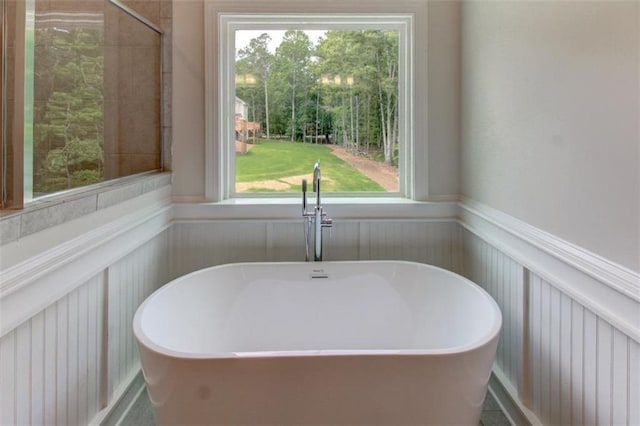 bathroom featuring a freestanding tub, wainscoting, and a sink