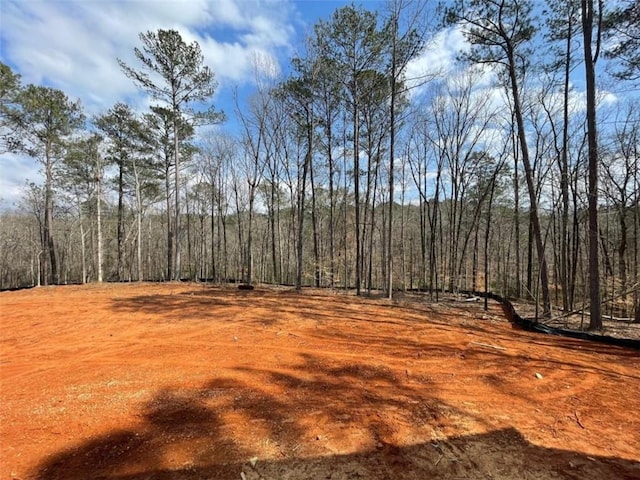 view of landscape featuring a forest view