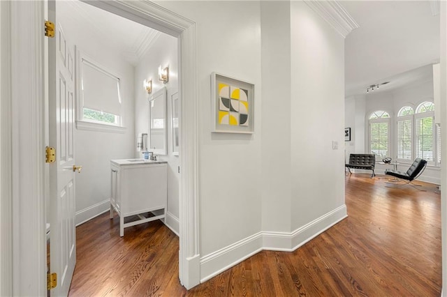 corridor with a wealth of natural light and dark wood-type flooring