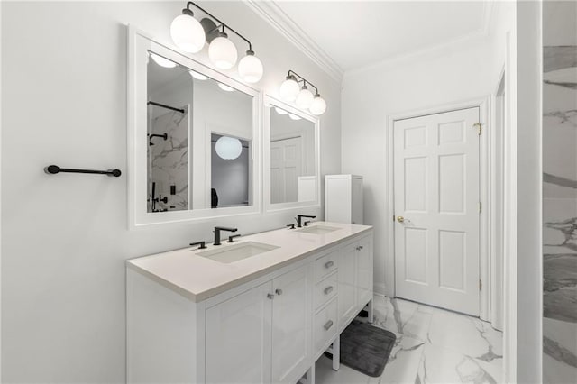 bathroom featuring ornamental molding, a shower, and vanity