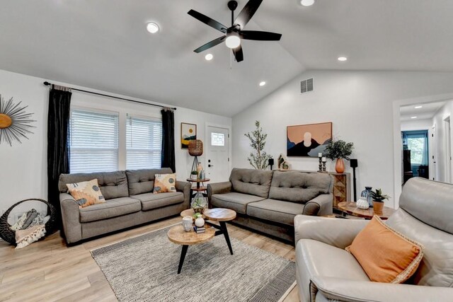 5441 E Main St, Flowery Branch, GA 30542 - living area with a ceiling fan, lofted ceiling, light wood finished floors, recessed lighting, and plenty of natural light