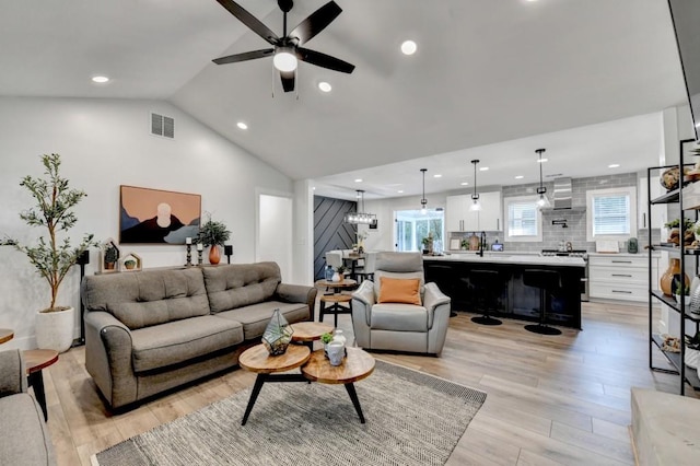 5441 E Main St, Flowery Branch, GA 30542 - living area with light wood-style flooring, recessed lighting, a ceiling fan, and lofted ceiling