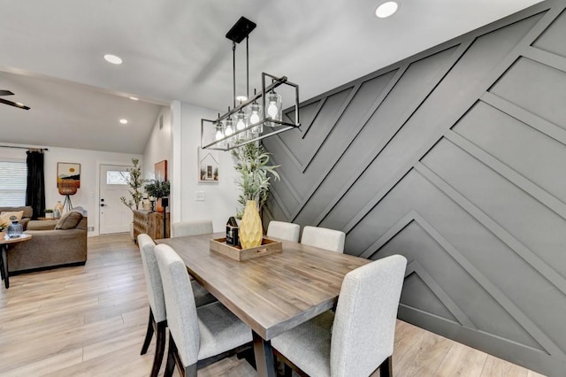 5441 E Main St, Flowery Branch, GA 30542 - dining area featuring vaulted ceiling, light wood-type flooring, recessed lighting, and a chandelier