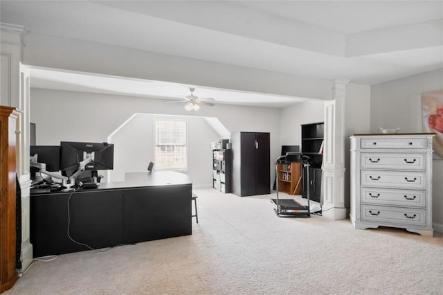 office space with light colored carpet and ceiling fan