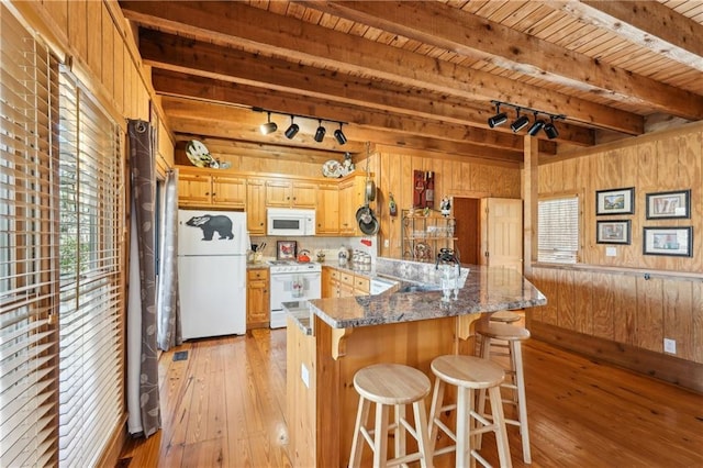 kitchen with wooden ceiling, a peninsula, white appliances, wood walls, and light wood finished floors