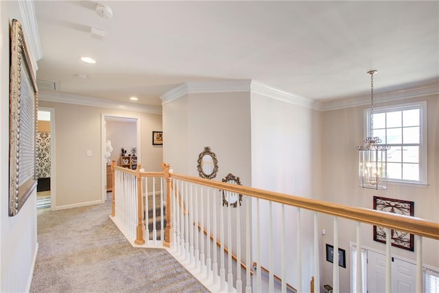 3258 Kessock Ridge Trl, Snellville, GA 30039 - hall featuring an upstairs landing, a chandelier, carpet floors, ornamental molding, and recessed lighting