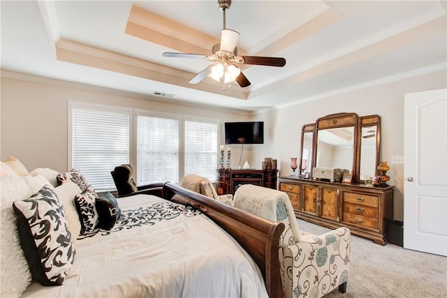 3258 Kessock Ridge Trl, Snellville, GA 30039 - bedroom with a raised ceiling, crown molding, light carpet, and a ceiling fan