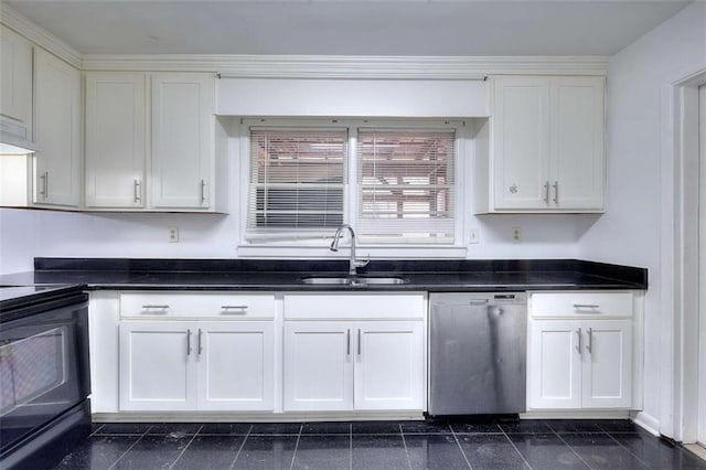 707 E Spring St E, Monroe, GA 30655 - kitchen with stainless steel dishwasher, a sink, black electric range oven, and white cabinetry