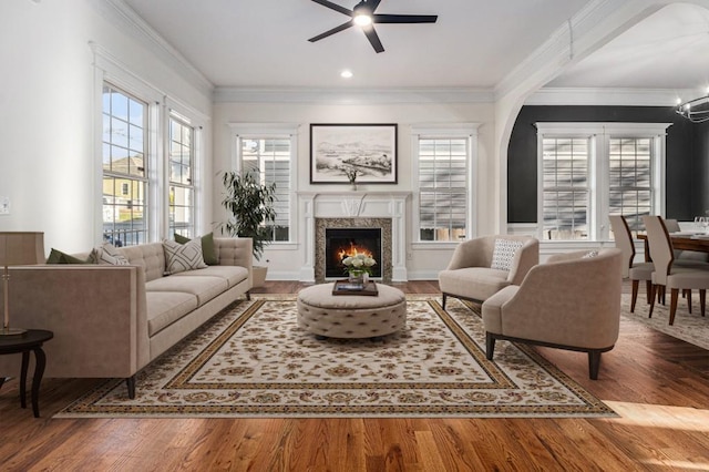 living room featuring a fireplace, wood finished floors, and ornamental molding