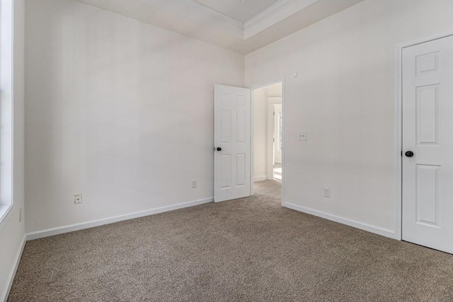 unfurnished bedroom with a tray ceiling, carpet flooring, baseboards, and ornamental molding