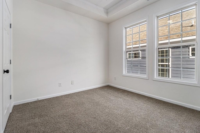 carpeted empty room with crown molding, a raised ceiling, and baseboards