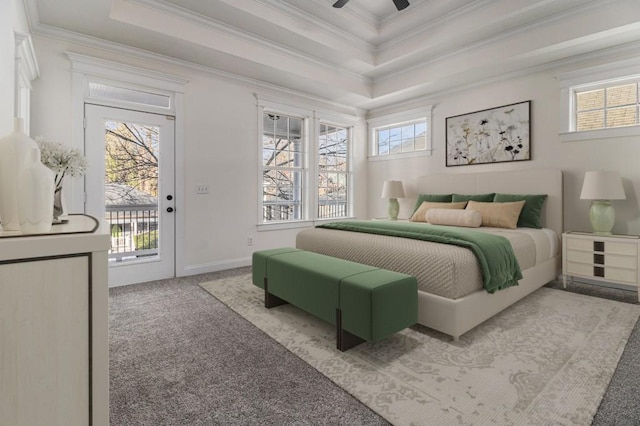 bedroom featuring access to exterior, multiple windows, light colored carpet, and a raised ceiling