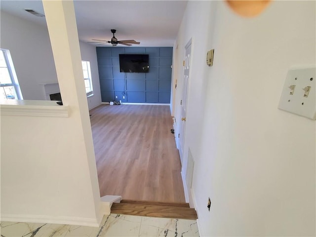 corridor featuring a wealth of natural light and light hardwood / wood-style floors