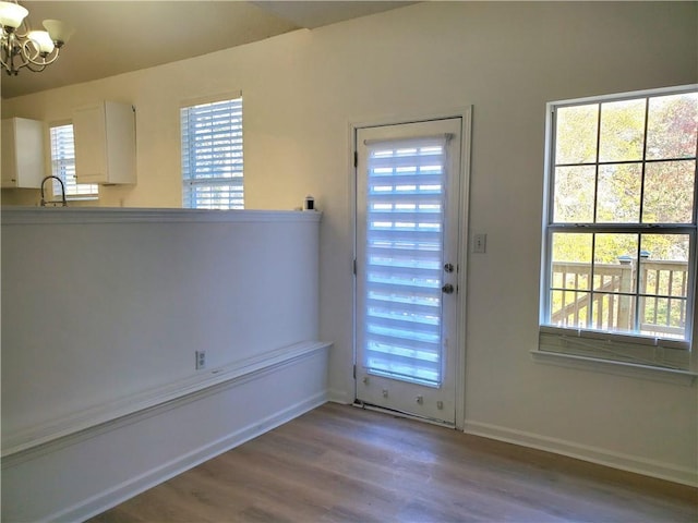 entryway with a chandelier, sink, a healthy amount of sunlight, and wood-type flooring