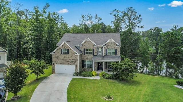 297 Aylesbury Blvd, Mcdonough, GA 30252 - traditional-style home with driveway, a porch, a front yard, an attached garage, and stone siding