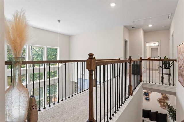 297 Aylesbury Blvd, Mcdonough, GA 30252 - hallway with attic access, carpet floors, an upstairs landing, and recessed lighting
