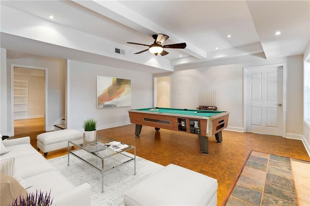 recreation room with pool table and ceiling fan