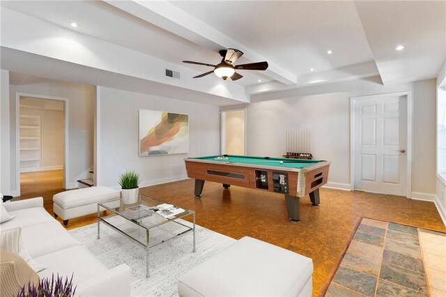 recreation room featuring pool table, a ceiling fan, visible vents, and recessed lighting