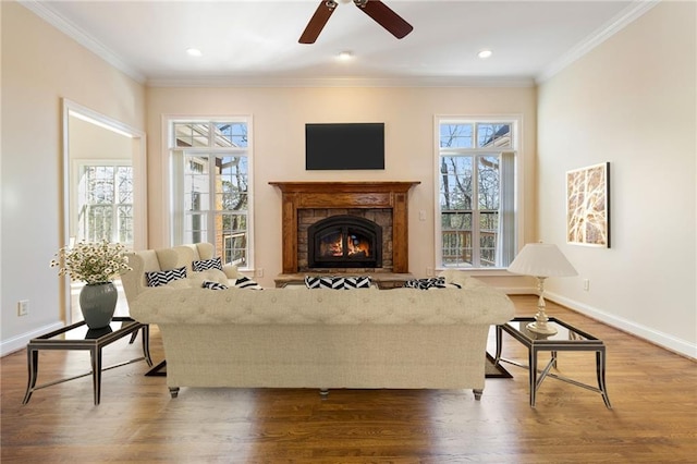 living room featuring hardwood / wood-style flooring, crown molding, a wealth of natural light, and ceiling fan