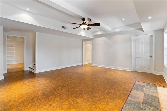 spare room with ceiling fan, baseboards, visible vents, and recessed lighting