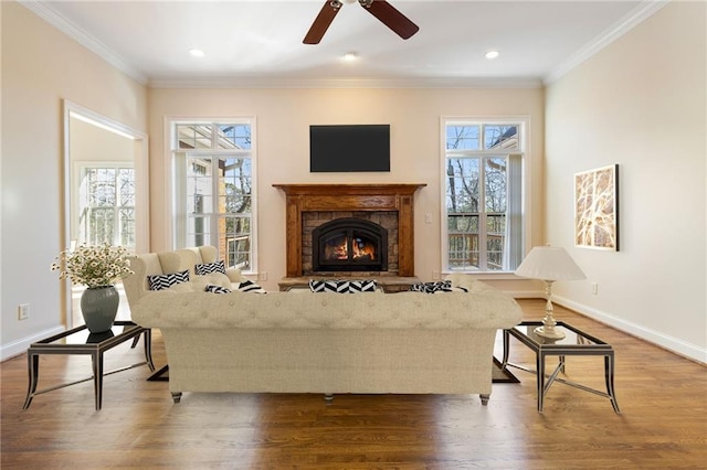 living area with a warm lit fireplace, a wealth of natural light, baseboards, and crown molding