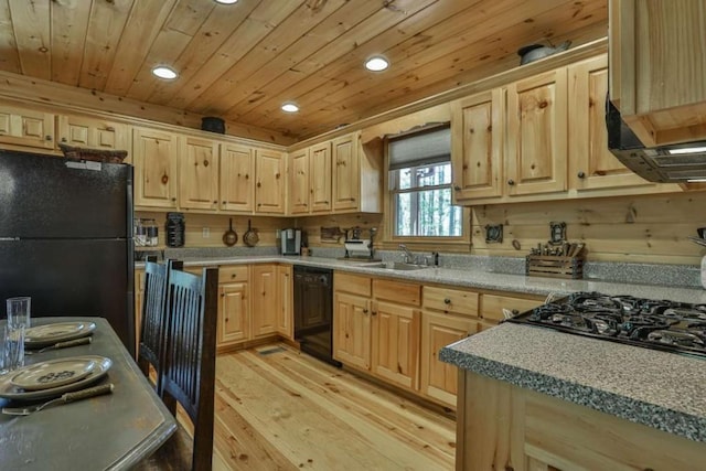 kitchen featuring light brown cabinetry, black appliances, wood ceiling, and a sink