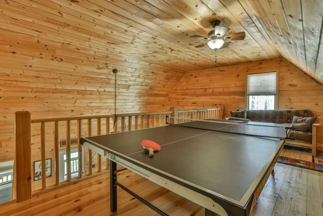 recreation room with wood walls, wooden ceiling, lofted ceiling, and wood-type flooring