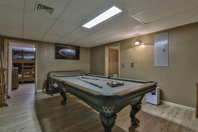 game room with electric panel, wood finished floors, visible vents, and baseboards