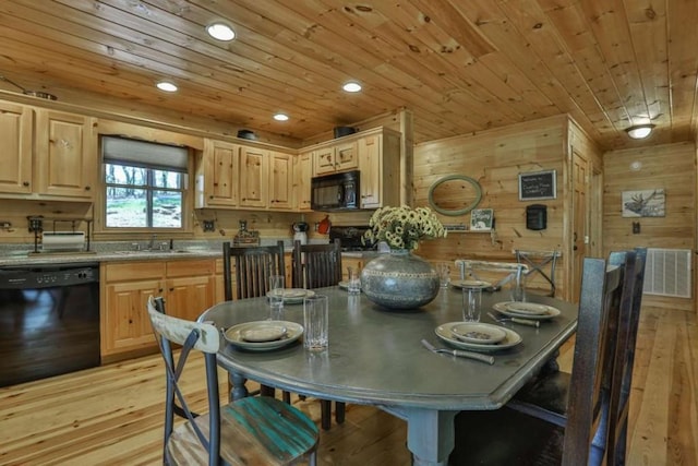 dining space featuring wooden walls, visible vents, wood ceiling, recessed lighting, and light wood-style floors