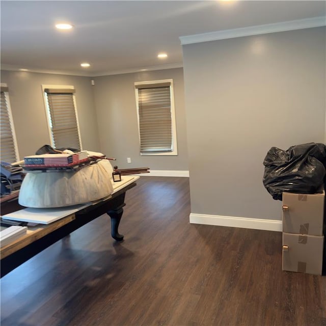 playroom with dark wood-style floors, recessed lighting, baseboards, and ornamental molding