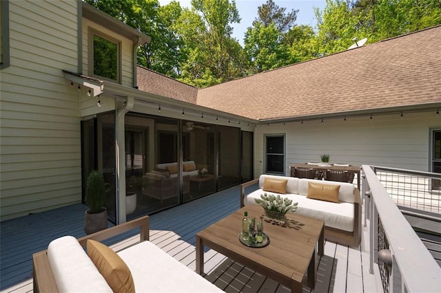 465 Willowbrook Dr SE, Smyrna, GA 30082 - deck with an outdoor hangout area, a sunroom, outdoor dining space, and a ceiling fan