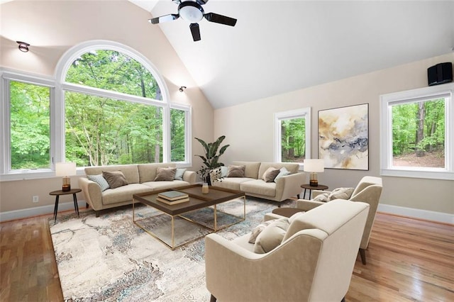 465 Willowbrook Dr SE, Smyrna, GA 30082 - living room with healthy amount of natural light, baseboards, high vaulted ceiling, light wood-type flooring, and ceiling fan