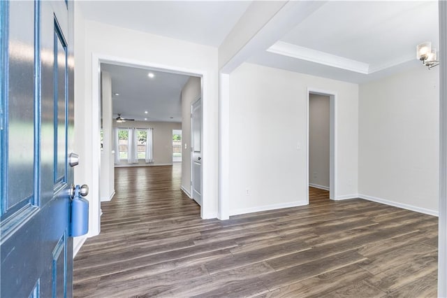 entryway with dark hardwood / wood-style floors and ceiling fan