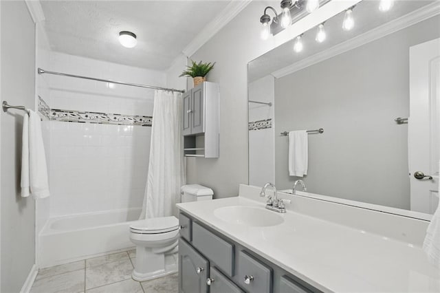 full bathroom featuring vanity, crown molding, shower / bath combination with curtain, and toilet