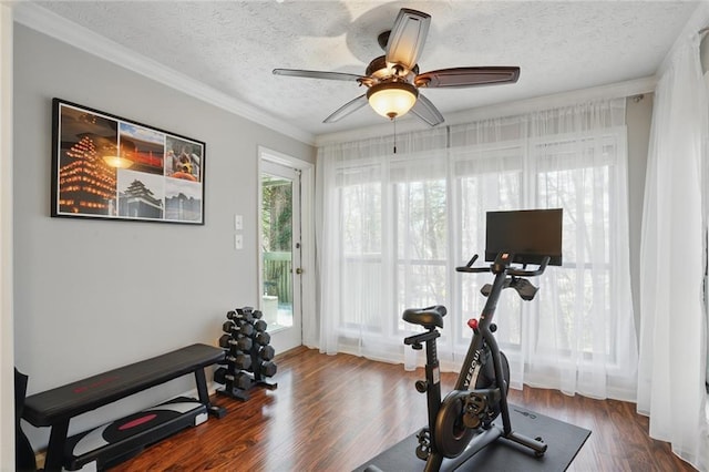 exercise area with dark wood finished floors, a textured ceiling, a ceiling fan, and ornamental molding